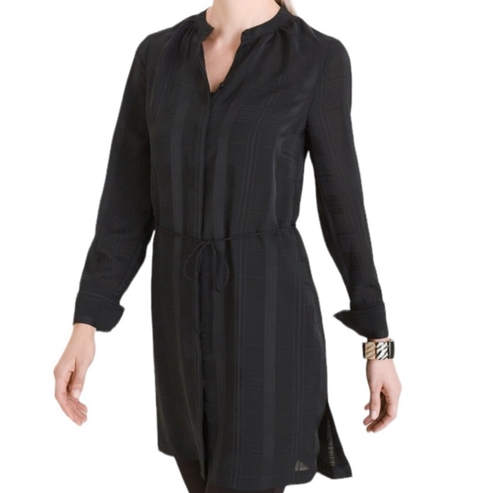Chico's Black Sheer Plaid Jacquard Belted Button Down Tunic Layering Piece